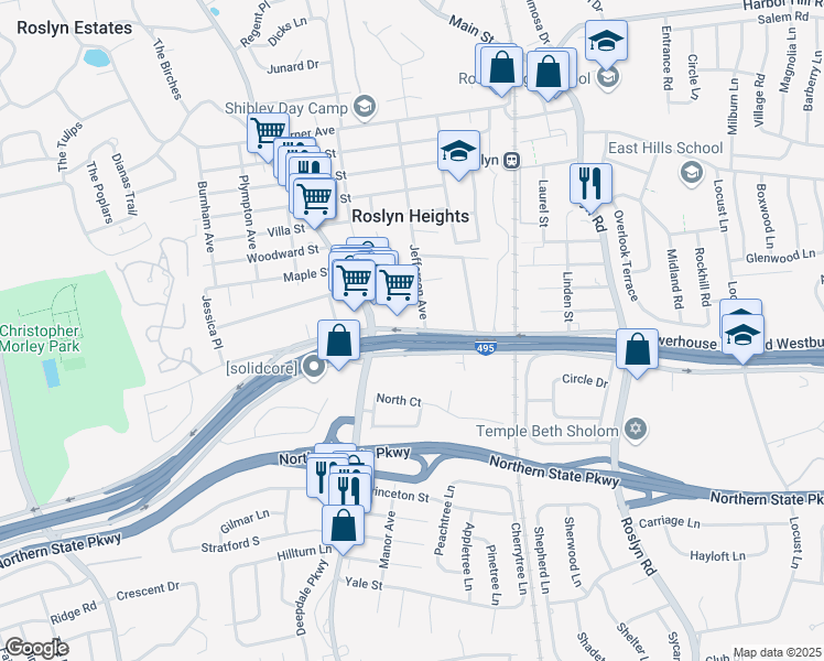 map of restaurants, bars, coffee shops, grocery stores, and more near 93 Powerhouse Road in Roslyn Heights