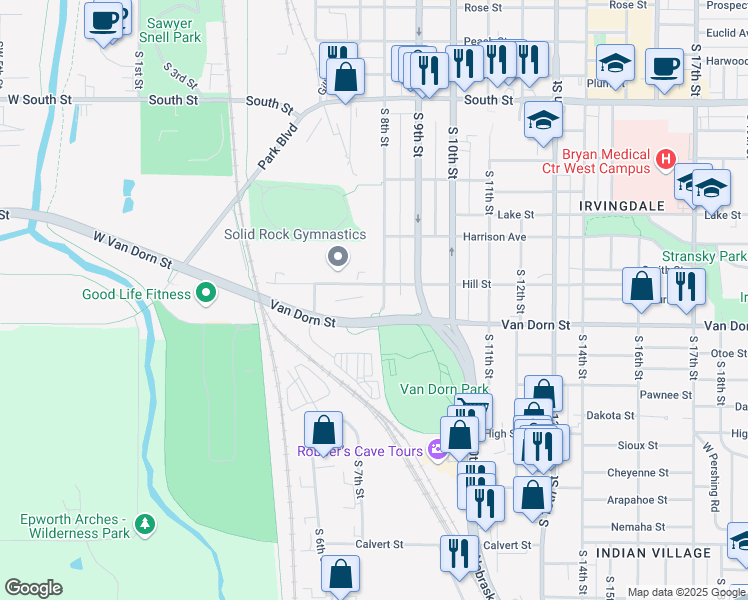 map of restaurants, bars, coffee shops, grocery stores, and more near 2721 South 8th Street in Lincoln