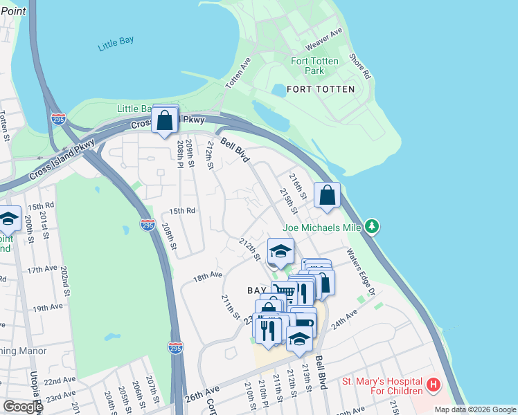 map of restaurants, bars, coffee shops, grocery stores, and more near 212-72 16th Avenue in Queens