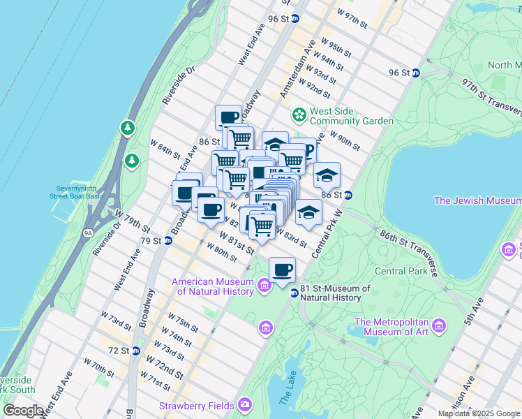 map of restaurants, bars, coffee shops, grocery stores, and more near 135 West 83rd Street in New York
