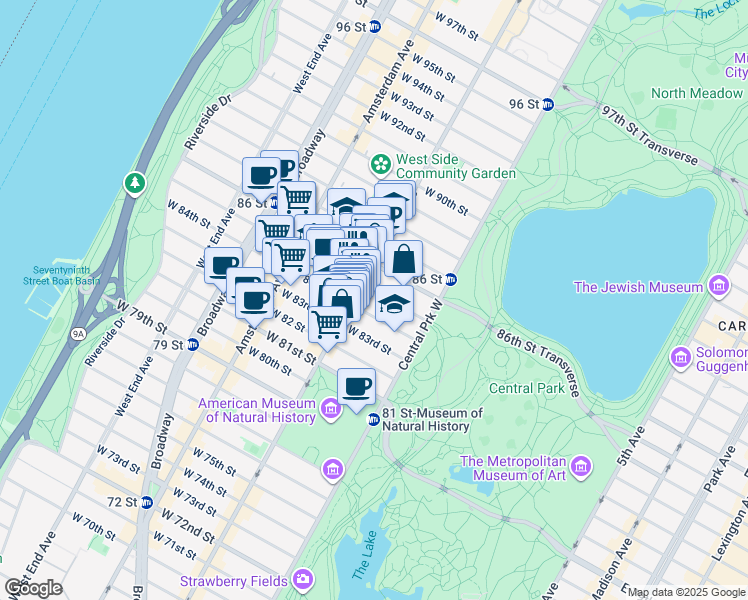 map of restaurants, bars, coffee shops, grocery stores, and more near 66 West 85th Street in New York