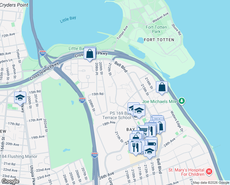 map of restaurants, bars, coffee shops, grocery stores, and more near 15-26 212th Street in Queens