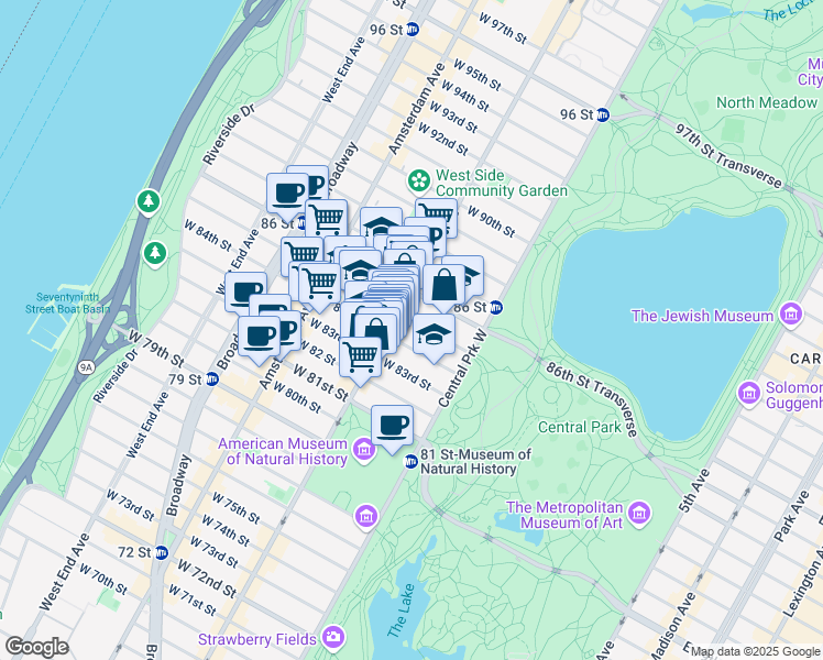 map of restaurants, bars, coffee shops, grocery stores, and more near 51 West 84th Street in New York