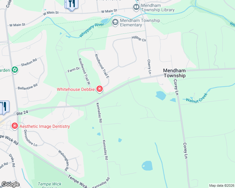 map of restaurants, bars, coffee shops, grocery stores, and more near 143 Mendham Road in Mendham