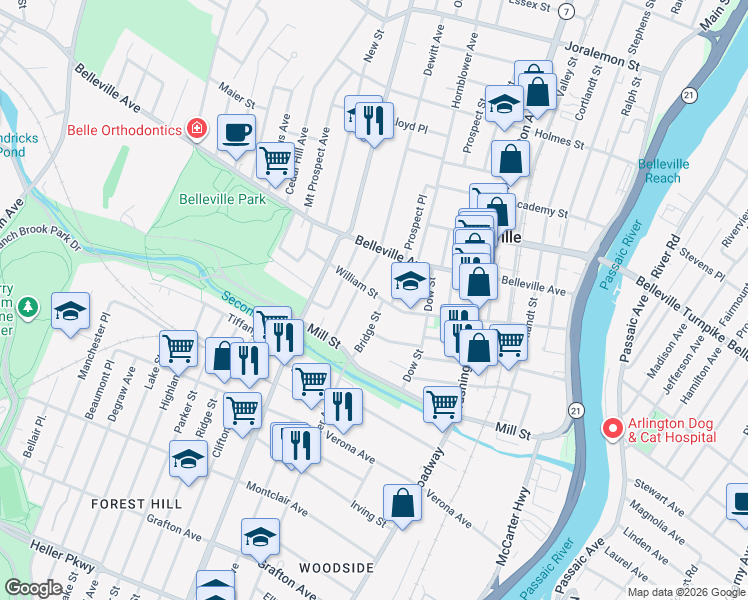 map of restaurants, bars, coffee shops, grocery stores, and more near 34 Clinton Street in Belleville