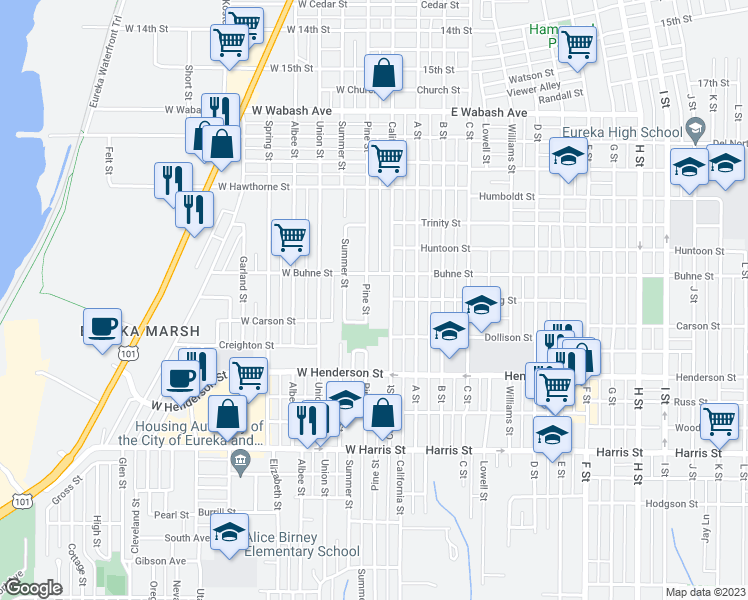map of restaurants, bars, coffee shops, grocery stores, and more near 2447 Pine Street in Eureka