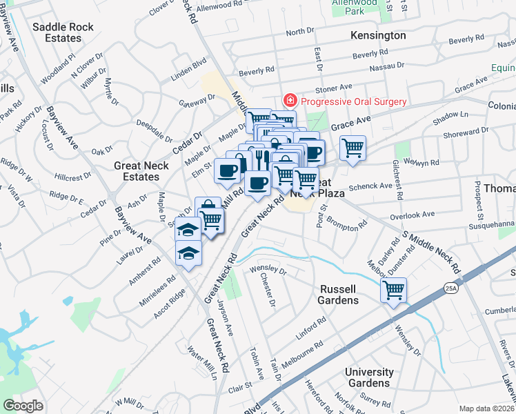 map of restaurants, bars, coffee shops, grocery stores, and more near 111 Great Neck Road in Great Neck
