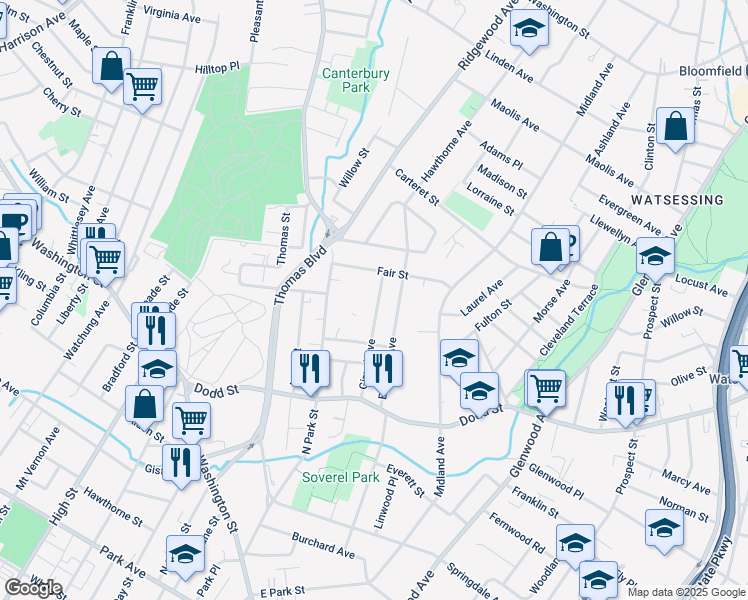 map of restaurants, bars, coffee shops, grocery stores, and more near 258 North Park Street in East Orange