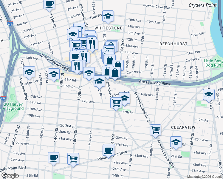 map of restaurants, bars, coffee shops, grocery stores, and more near 67 Clintonville Street in Queens