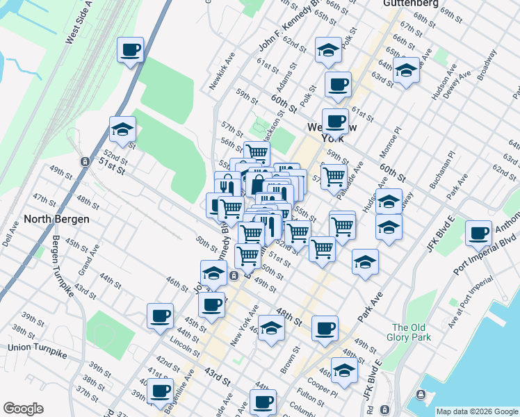 map of restaurants, bars, coffee shops, grocery stores, and more near 508 52nd Street in West New York