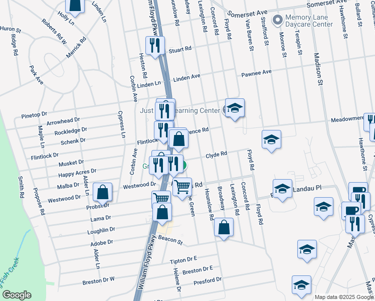 map of restaurants, bars, coffee shops, grocery stores, and more near 43 The Green in Shirley