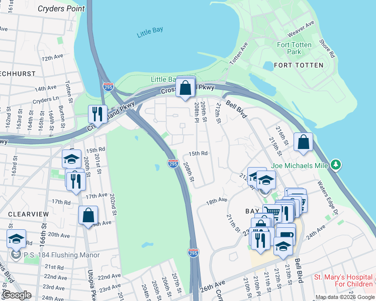 map of restaurants, bars, coffee shops, grocery stores, and more near 208-15 15th Road in Queens