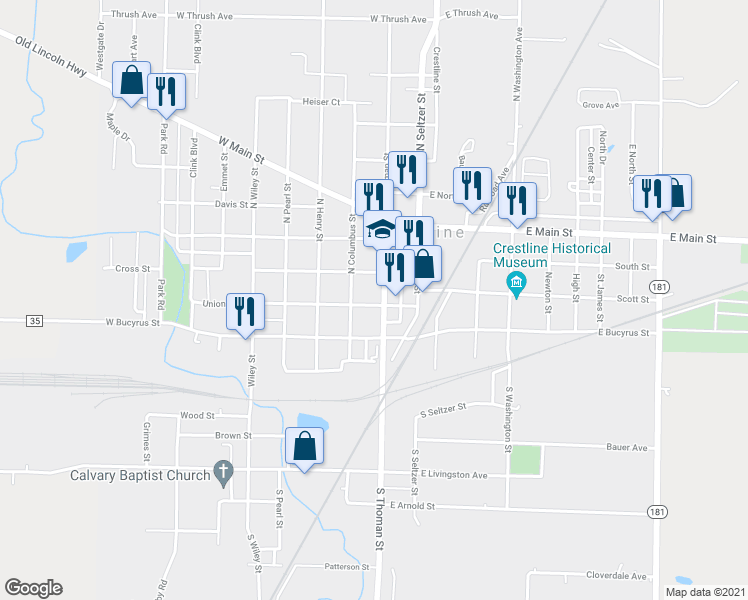 map of restaurants, bars, coffee shops, grocery stores, and more near 202 North Thoman Street in Crestline