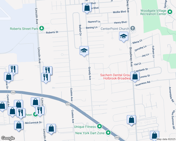 map of restaurants, bars, coffee shops, grocery stores, and more near 896 Grundy Avenue in Holbrook