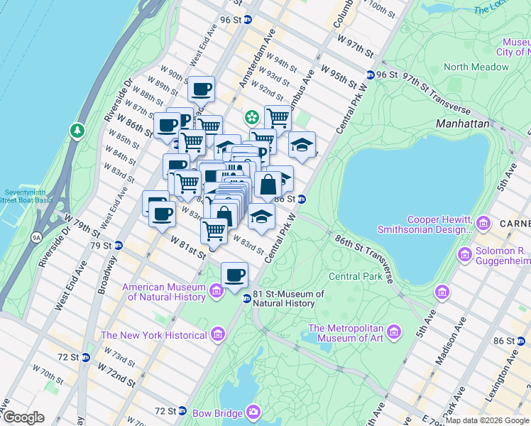 map of restaurants, bars, coffee shops, grocery stores, and more near 41 West 85th Street in New York