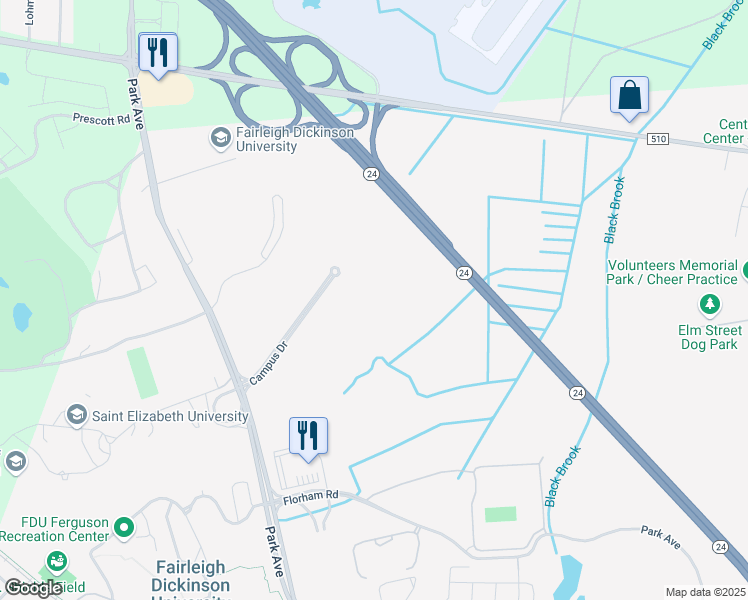map of restaurants, bars, coffee shops, grocery stores, and more near 500 Campus Drive in Florham Park