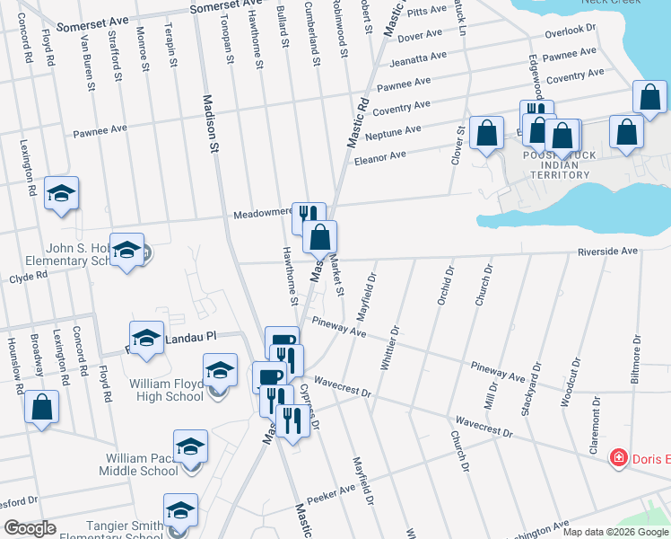 map of restaurants, bars, coffee shops, grocery stores, and more near 77 Market Street in Mastic Beach