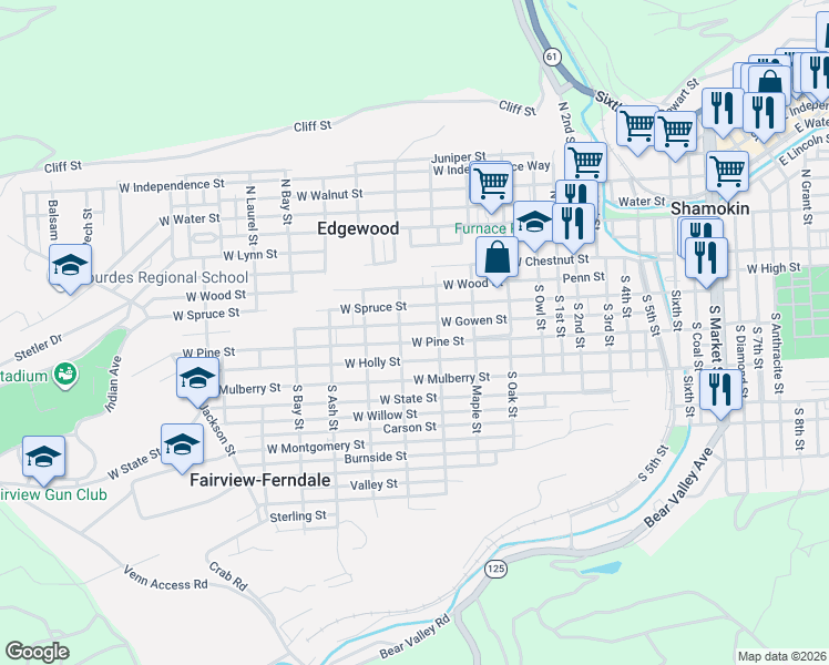 map of restaurants, bars, coffee shops, grocery stores, and more near 1100-1198 West Pine Street in Fairview-Ferndale