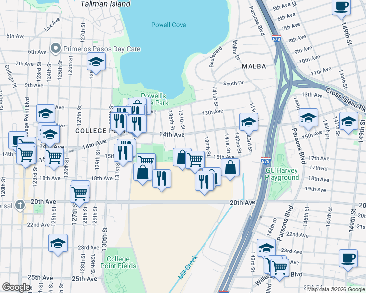 map of restaurants, bars, coffee shops, grocery stores, and more near 14-33 137th Street in Queens