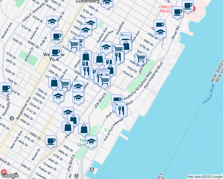 map of restaurants, bars, coffee shops, grocery stores, and more near 5915 JFK Boulevard East in West New York