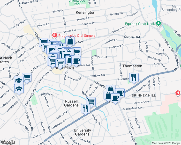 map of restaurants, bars, coffee shops, grocery stores, and more near 50 Hill Park Avenue in Great Neck