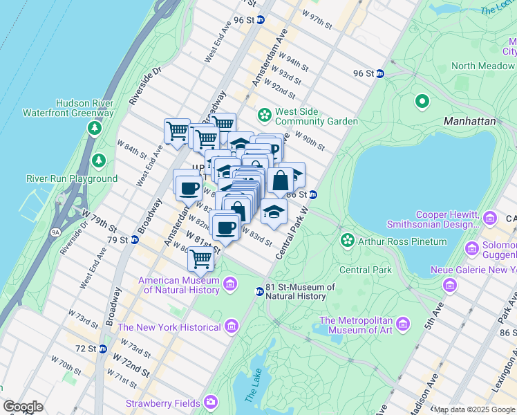 map of restaurants, bars, coffee shops, grocery stores, and more near 70 West 85th Street in New York
