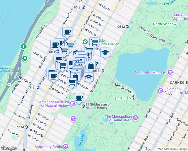 map of restaurants, bars, coffee shops, grocery stores, and more near 10 West 86th Street in New York