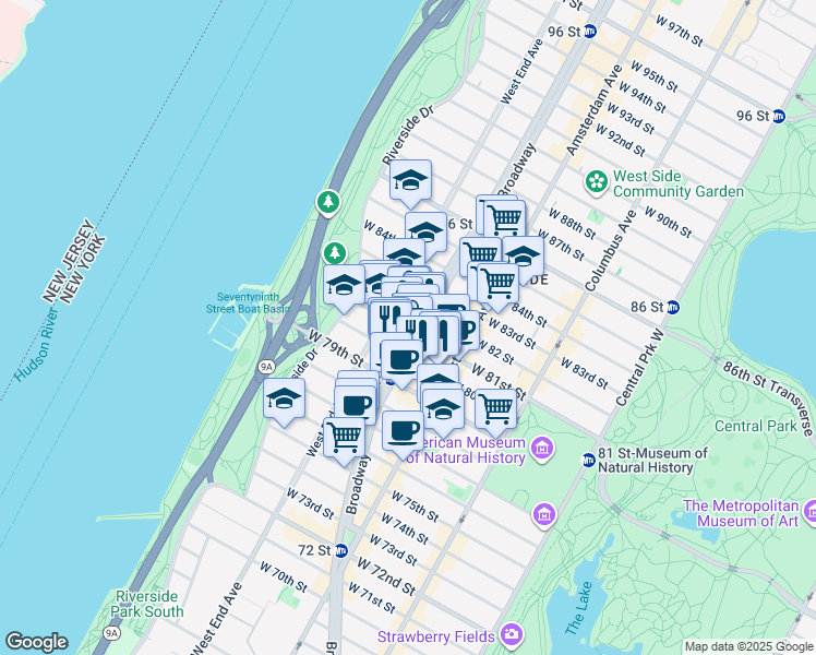 map of restaurants, bars, coffee shops, grocery stores, and more near 251 West 81st Street in New York