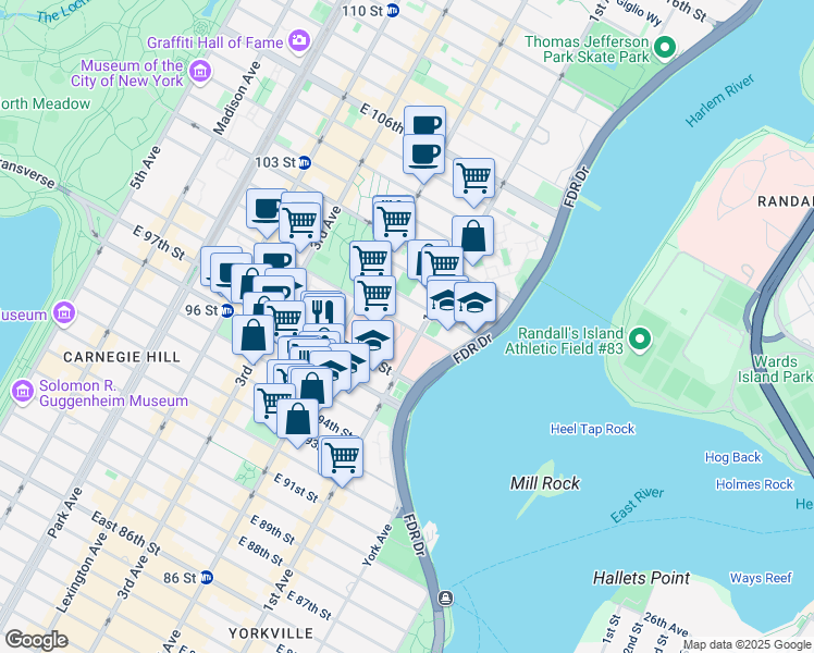 map of restaurants, bars, coffee shops, grocery stores, and more near 303 East 99th Street in New York