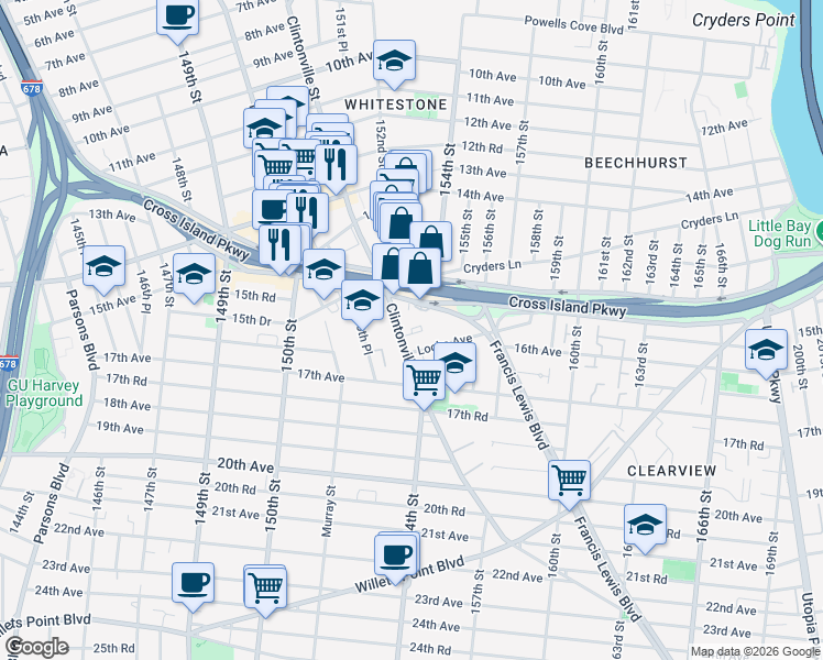 map of restaurants, bars, coffee shops, grocery stores, and more near 67 Clintonville Street in Queens