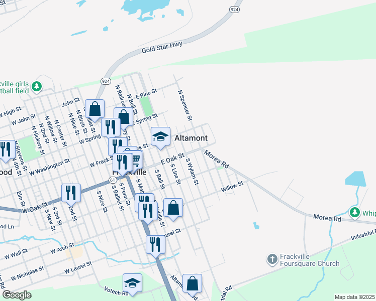 map of restaurants, bars, coffee shops, grocery stores, and more near 407 East Oak Street in Frackville