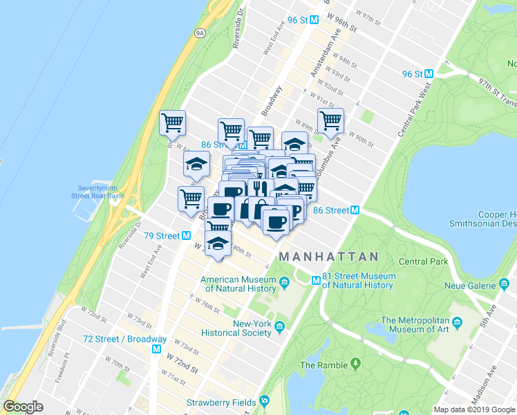 map of restaurants, bars, coffee shops, grocery stores, and more near 163 West 83rd Street in New York