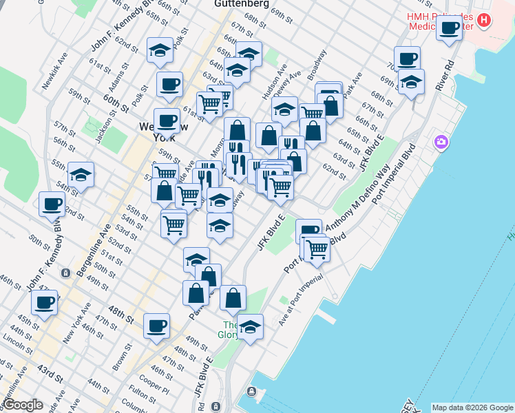 map of restaurants, bars, coffee shops, grocery stores, and more near 100 59th Street in West New York