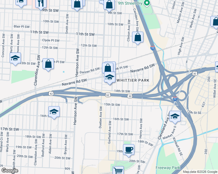 map of restaurants, bars, coffee shops, grocery stores, and more near 1379 Garfield Avenue Southwest in Canton