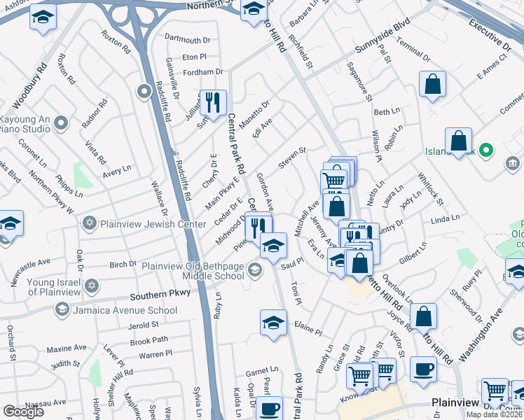 map of restaurants, bars, coffee shops, grocery stores, and more near 2 Sydney Street in Plainview