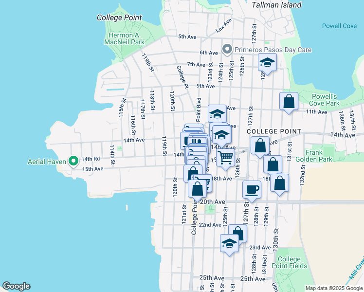map of restaurants, bars, coffee shops, grocery stores, and more near 121-09 14th Road in Queens