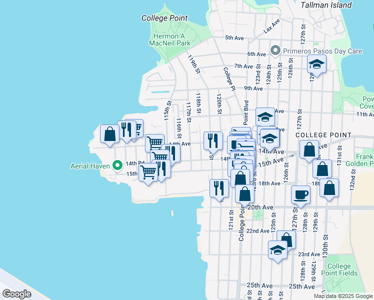 map of restaurants, bars, coffee shops, grocery stores, and more near 14-27 116th Street in Queens