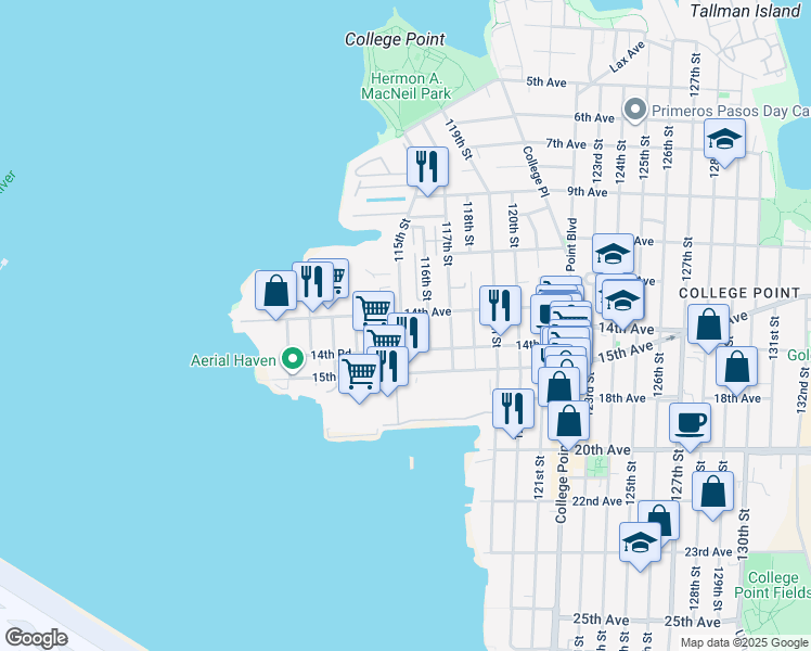 map of restaurants, bars, coffee shops, grocery stores, and more near 14-24 115th Street in Queens