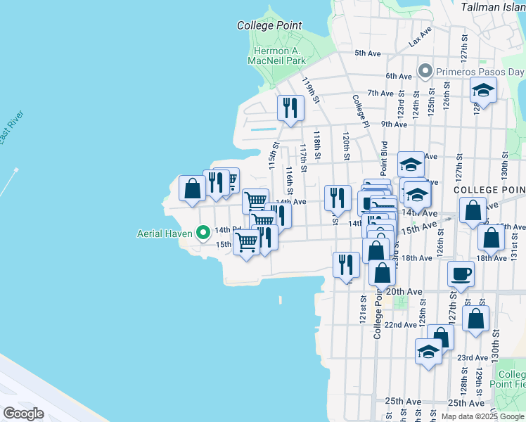 map of restaurants, bars, coffee shops, grocery stores, and more near 14-24 115th Street in Queens