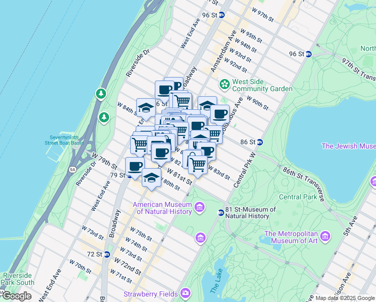 map of restaurants, bars, coffee shops, grocery stores, and more near 146 West 83rd Street in New York