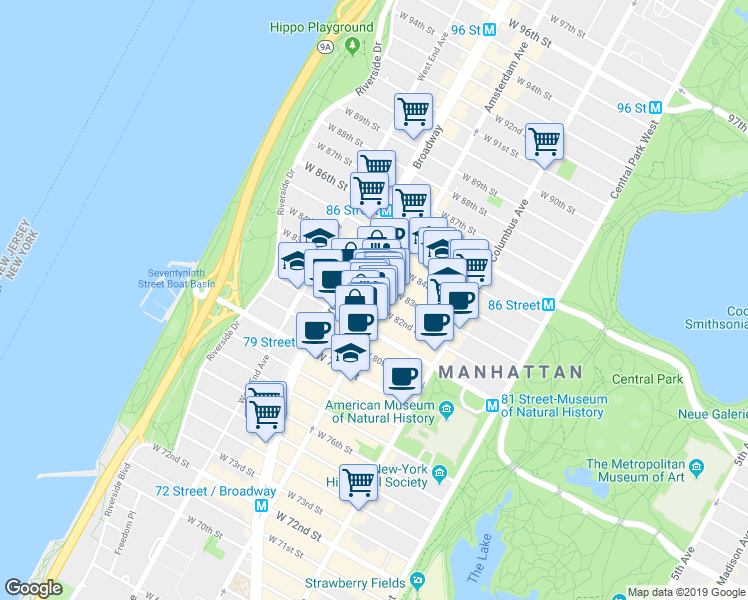 map of restaurants, bars, coffee shops, grocery stores, and more near 454 Amsterdam Avenue in New York