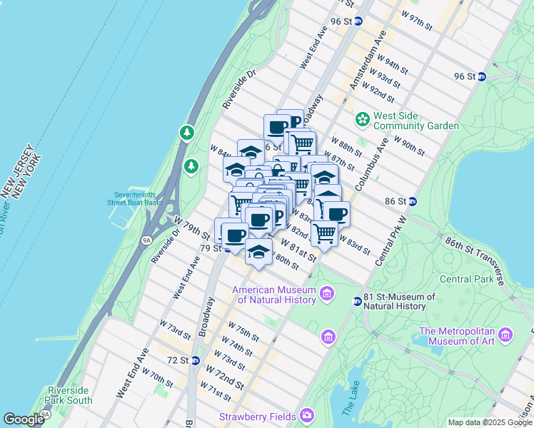 map of restaurants, bars, coffee shops, grocery stores, and more near 454 Amsterdam Avenue in New York