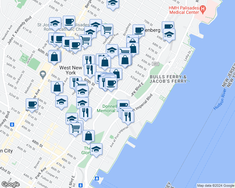 map of restaurants, bars, coffee shops, grocery stores, and more near 5915 JFK Boulevard East in West New York