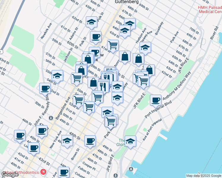 map of restaurants, bars, coffee shops, grocery stores, and more near in West New York