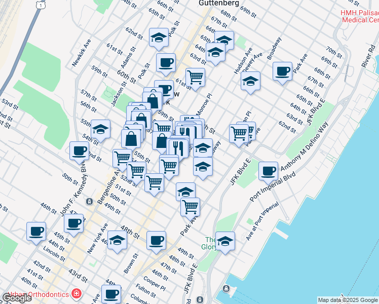 map of restaurants, bars, coffee shops, grocery stores, and more near 5607 Hudson Avenue in West New York
