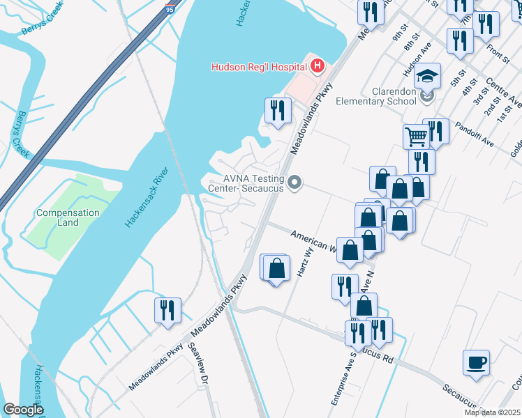 map of restaurants, bars, coffee shops, grocery stores, and more near in Secaucus