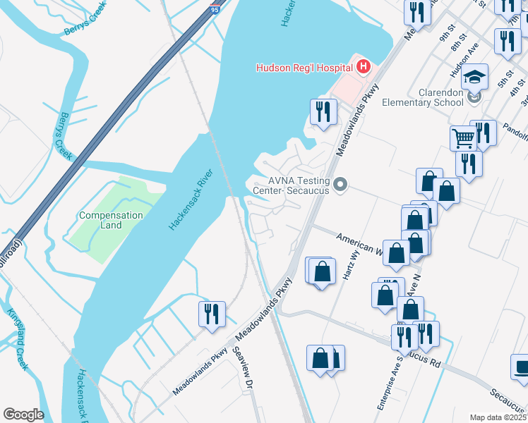 map of restaurants, bars, coffee shops, grocery stores, and more near 761 Spinnaker Court in Secaucus