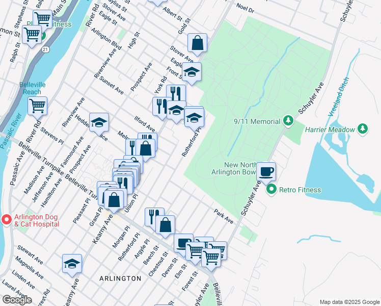 map of restaurants, bars, coffee shops, grocery stores, and more near 158 Rutherford Place in North Arlington