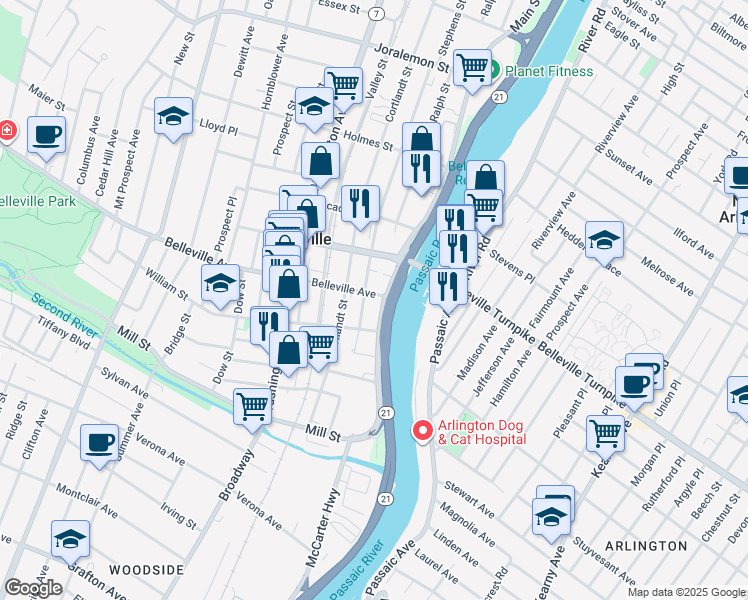 map of restaurants, bars, coffee shops, grocery stores, and more near 125 Main Street in Belleville