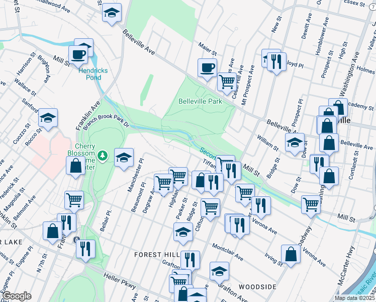 map of restaurants, bars, coffee shops, grocery stores, and more near 90 Tiffany Boulevard in Newark